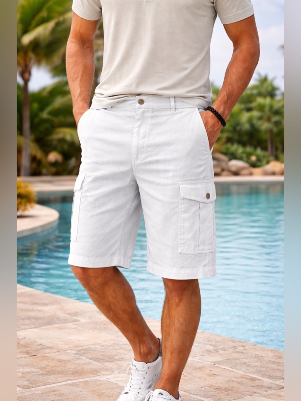 Perry Ellis White Linen Blend Cargo Shorts Men’s 32 Flat Front Summer Beach